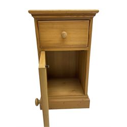 Pair traditional pine bedside cabinets, single drawer over cupboard