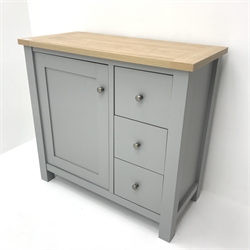 Next Malvern grey and oak finish side cabinet, three drawers flanked by single cupboard, stile supports, W83cm, H78cm, D40cm

