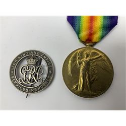 WW1 British War Medal awarded to 28885 Pte. A. Hey R. War. R.; WWI Victory Medal awarded to 7633 Pte. E. Edwards L'Pool R.; two WWII medals; Royal Navy Temperance Society Medal; Services Rendered badge No.B55177; and Home Guard lapel badge
