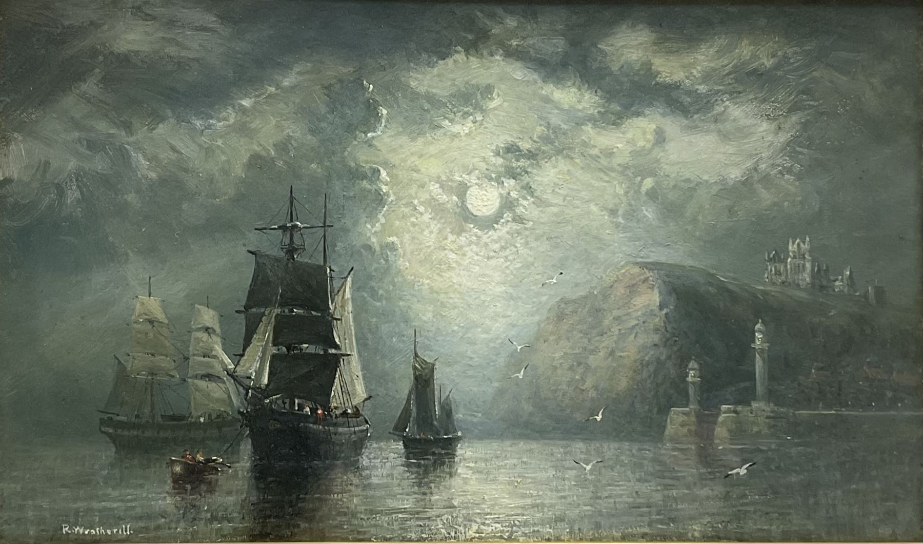 Richard Weatherill (British 1844-1913): Sailing Ship at Anchor by Moonlight in Whitby Harbour, oil on board signed 22cm x 37cm
Provenance: North Yorkshire deceased estate