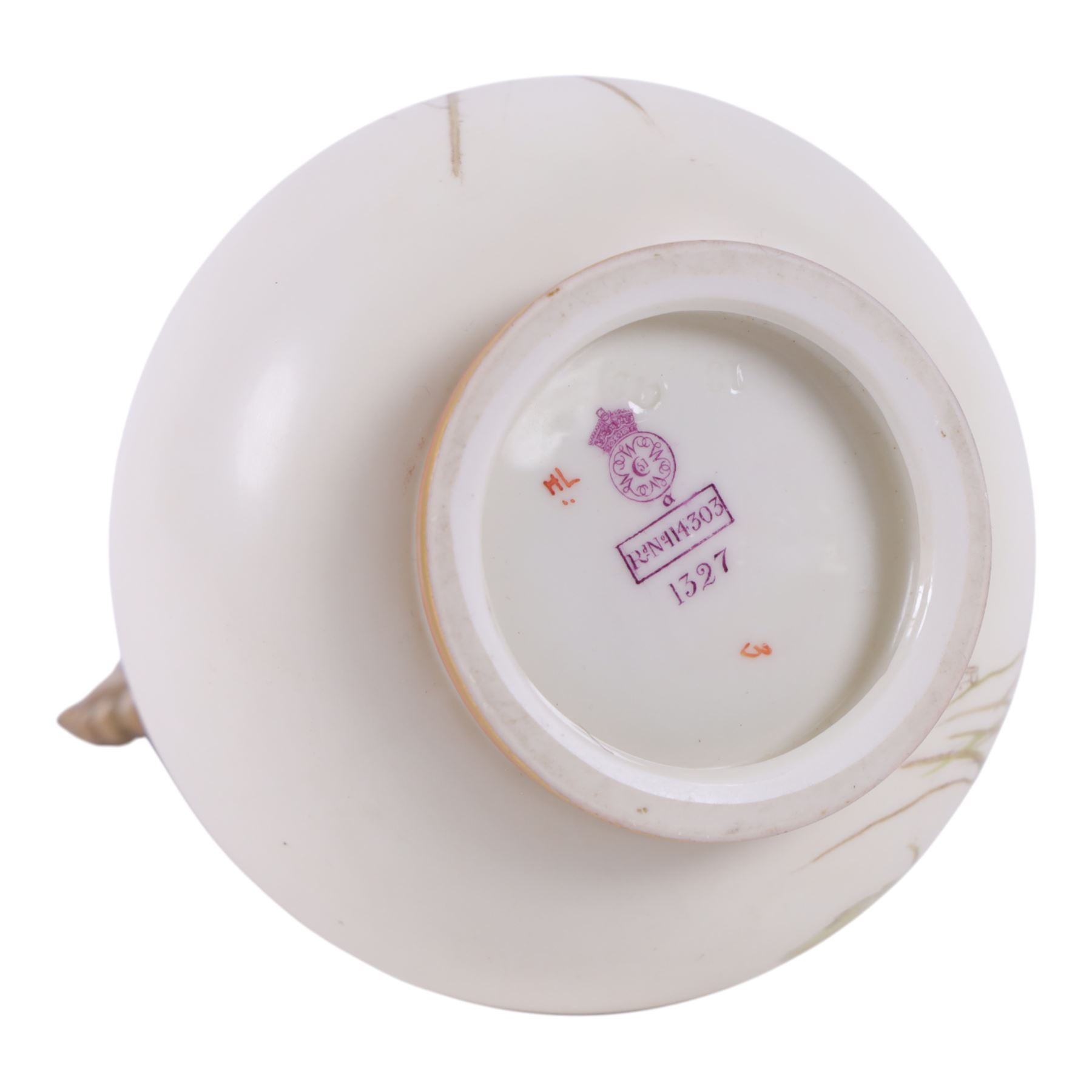 Royal Worcester blush Ivory vase, decorated with butterfly and insects amongst wild flowers, dolphin handles, puce mark beneath and numbered RN14303 and 1327, H23cm 