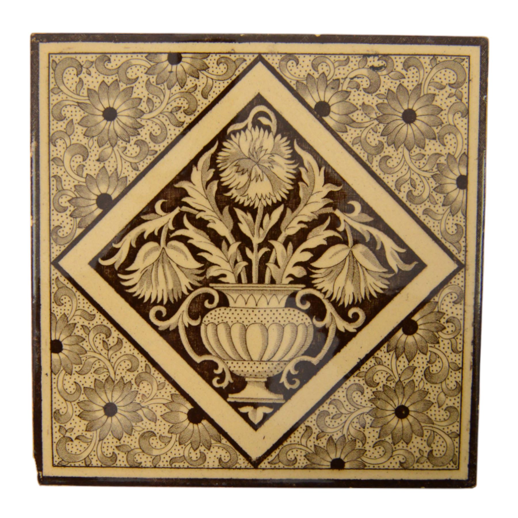 Set of fourteen late 19th century Aesthetic movement six inch dust pressed tiles, each printed with central lozenge containing an urn of flowers, surrounded by flower heads and tendrils, in brown and buff