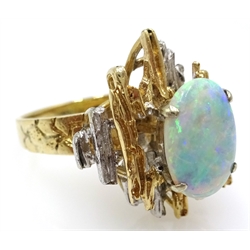  Single stone opal ring, set in yellow and white gold abstract bark mount stamped K14  