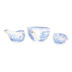 Two early 19th century blue and white transfer printed pap boats, the first example decorated in the Beehive pattern, by William Ridgeway & Co or William Adams, L10cm, the second decorated in one of the Hymphrey's Clock series patterns by William Ridgeway, L11.5cm, together with an early 19th century blue and white transfer printed invalid feeder, L17.5cm