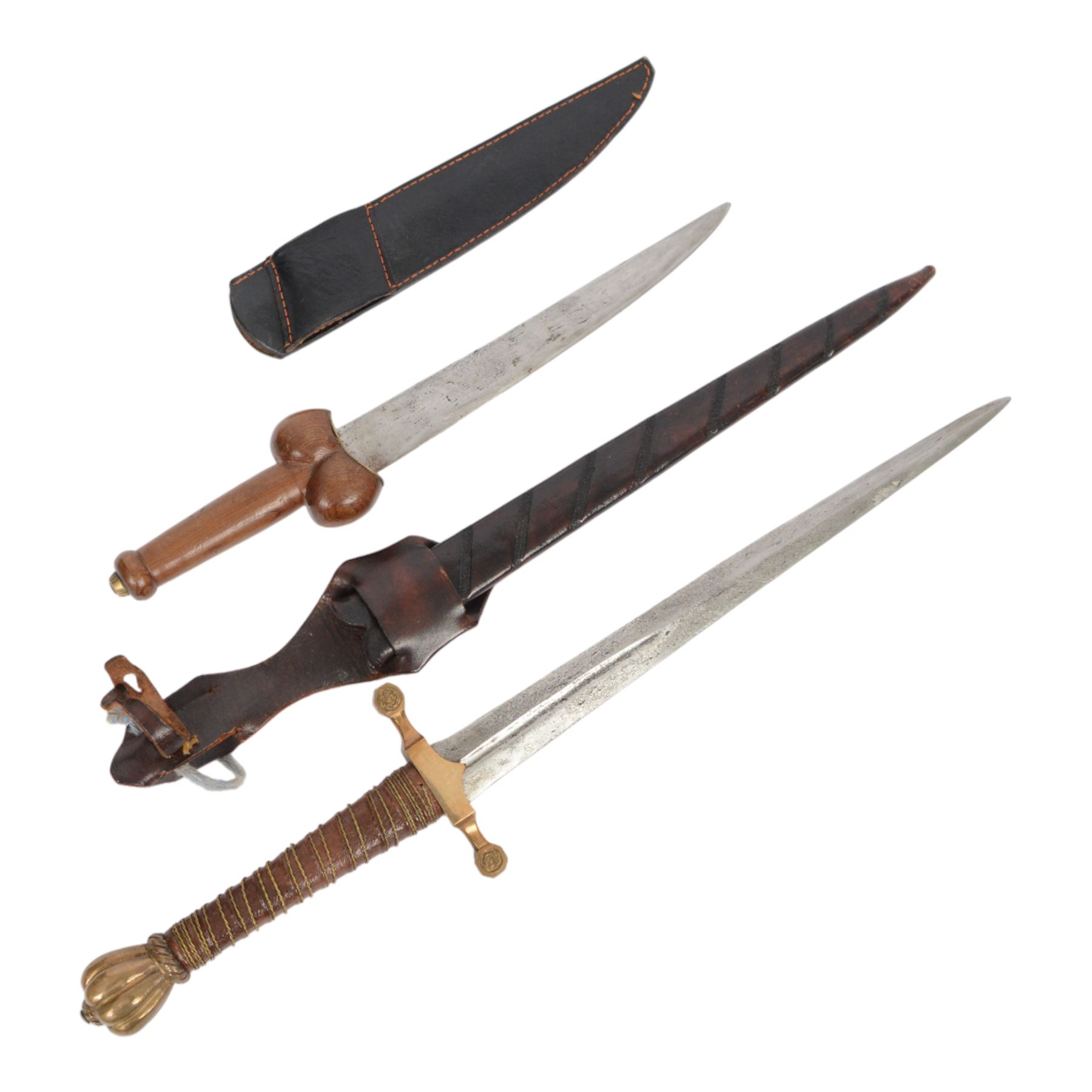 Dagger with brass cross guard and crown finial, within a leather scabbard, together with another knife, dagger L54cm 