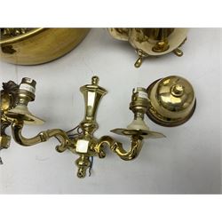 Brass jam pan with iron handle, brass wall sconces, copper oil lamp etc, in one box, jam pan D37cm