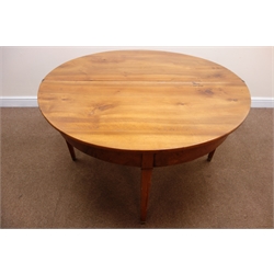  French walnut demi lune table, square tapering brass capped supports, W130cm, H73cm, D126cm  