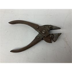 Military interest - Pair of SOE wire cutters by H Brindley; Needle dagger with triform blade 15.5cm; Iron key with secret message compartment; ‘Pill box’ telescope; Wire cutters; Field Engineering and Mine Warware pamphlet No. 7, Booby Traps (6)