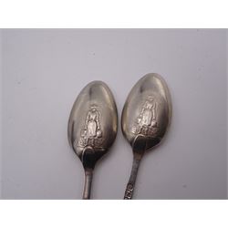 Group of silver, comprising Edwardian serving spoon, with embossed floral decoration to handle, hallmarked Walker & Hall, Sheffield 1907, pair of Hanoverian pattern picture back coffee spoons, depicting milkmaid to underside of bowls, hallmarked Thomas Bradbury & Sons (Turner Bradbury), London 1899, William IV fiddle pattern salt spoon, hallmarked John, Henry & Charles Lias, London 1833, Victorian teaspoon with beaded border, hallmarked John Round & Son Ltd, Sheffield 1898 and an Edwardian mother of pearl handled butter knife, with stylised silver terminal, and shaped and engraved silver blade, hallmarked C W Fletcher & Son Ltd, Sheffield 1907