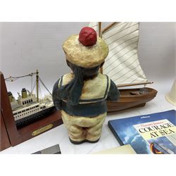 Nautical themed decorative items, to include Titanic book ends, model boat, books, lighthouse lamp etc in one box