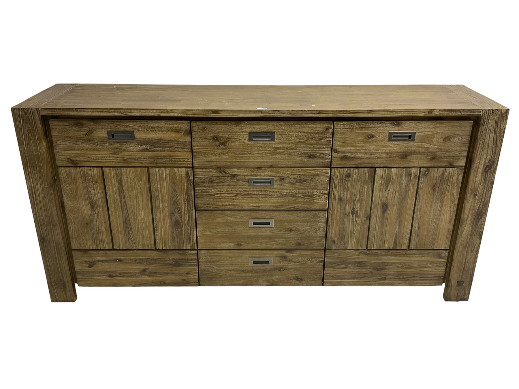 Contemporary hardwood sideboard, fitted with four drawers flanked by two cupboards, each with recessed metal handles