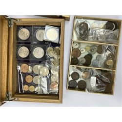 Great British and World coins including commemorative crowns, Great British pre-decimal coinage, Isle of Man 1831 half penny token, various Queen Elizabeth II old round one pound coins, various French pre-Euro coins etc, in two modern wood boxes