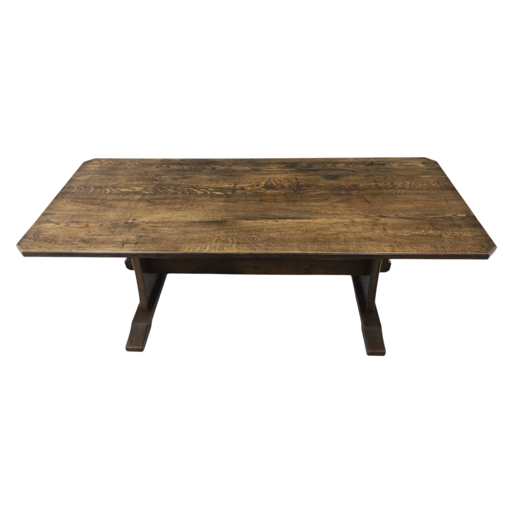 Acorn Industries - country oak kitchen or dining table, rectangular top with canted corners, shaped pedestals with joining pegged stretcher, Acornman signature
