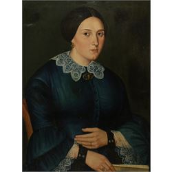 Manner of Ammi Phillips (American 1788-1865): Portrait of Lady in a Blue Dress, oil on canvas bearing inscription 'Galasso Pinxit 1855', 66cm x 50cm
Notes: Phillips was a self-taught artist who was constantly developing his skills as he moved around America, formulating his style to what was popular in an area. For this reason, he did not often sign his work and thus many of his portraits have been misattributed to other artists, particularly due to subtle changes in his technique and his own personal development in portraiture. Various features are instantly recognisable as in the style of Phillips - for instance the framing of the face using stark white collars, often in lace for women. The upright position of the sitter, the muted and dark tones used, and the setting of their dark eyes among round features can all be considered as signature characteristics of a Phillips portrait.