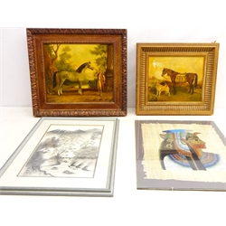  Figure Holding his Horse and Gun Dogs and Horse, two 20th century oils on board unsigned 30cm x 35cm and two oriental pictures (4)  
