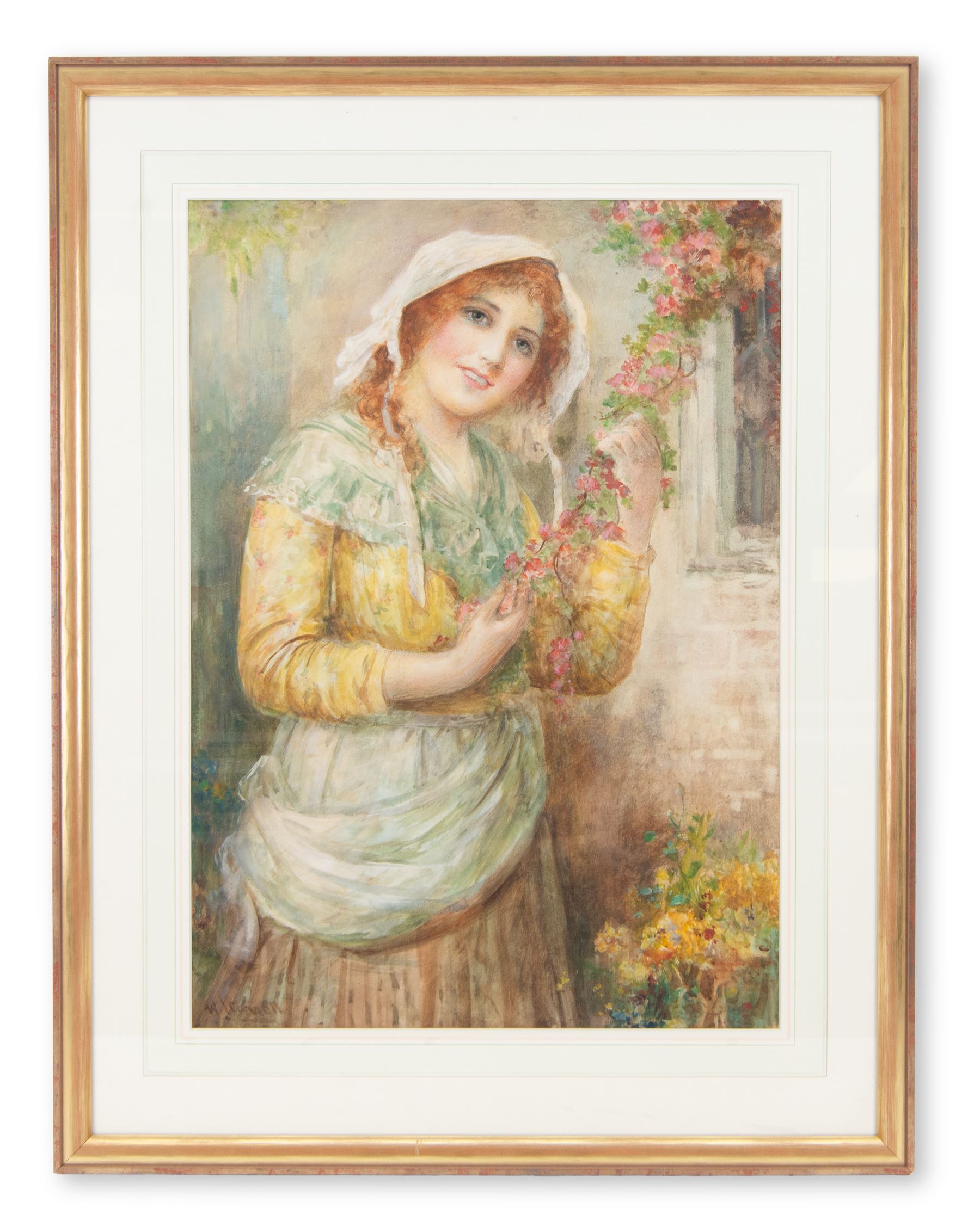 William Joseph Carroll (British 1842-1902): Country Girl Holding Blossom, watercolour signed 60cm x 43cm