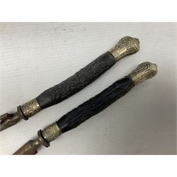 James Deakin & Sons five piece horn handled carving set, in blue velvet lined fitted case, L43cm