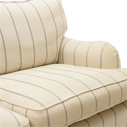 20th century Howard shape two seat sofa, deep seat sofa in cream and grep striped upholstery, raised on dark supports terminating in front castors 