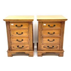 Gothic pine bedside chests, four graduating drawers, rope twist carving, shaped bracket supports 