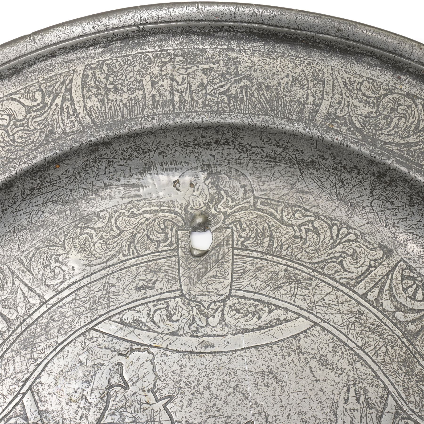 17th/18th century pewter dish, probably continental, engraved with hunting scenes, stags head etc D46cm