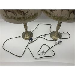 Pair of table lamps, with fabric shades decorated with deer, in a water colour style, H47cm, shades D30cm