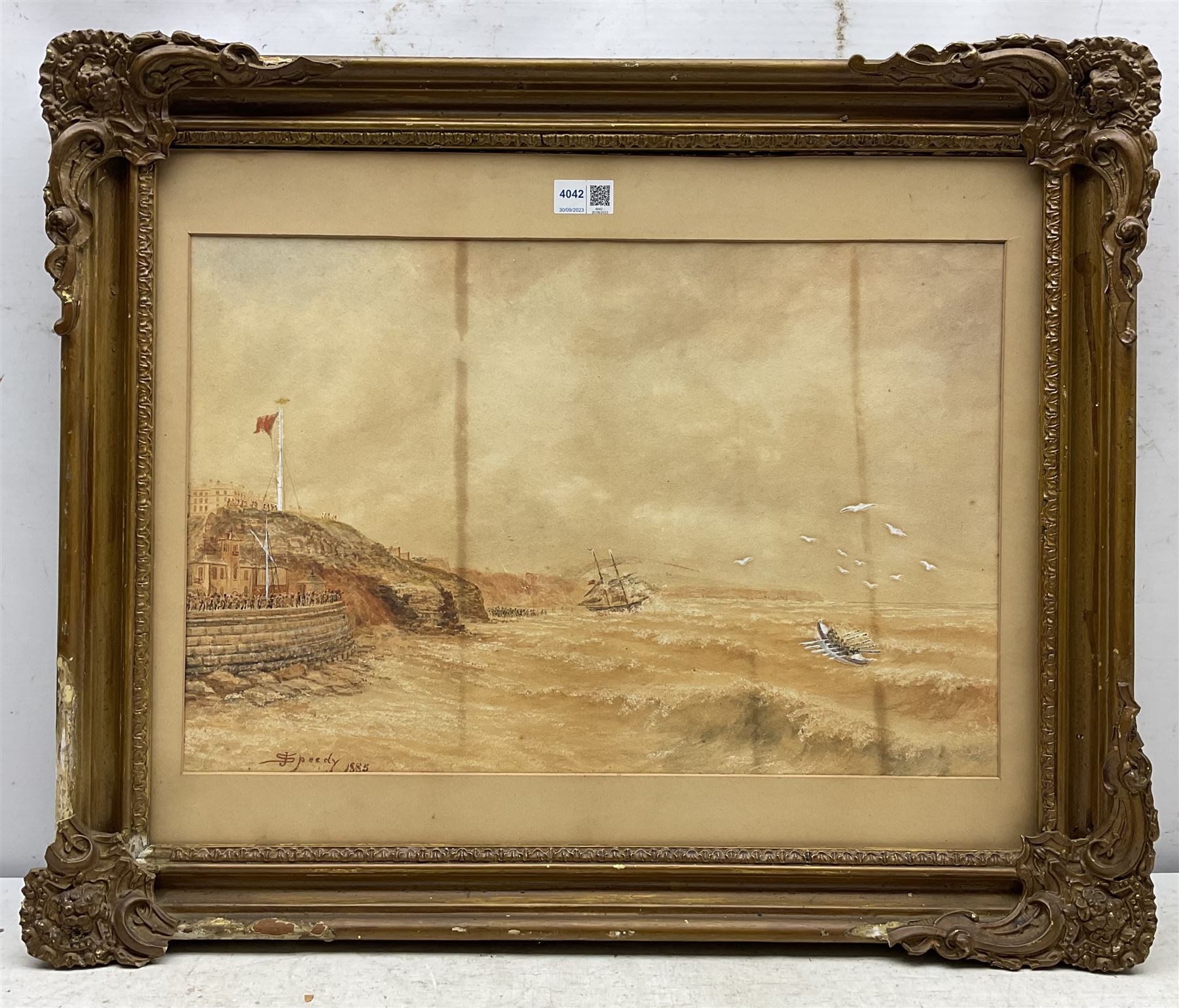  John Speedy (British late 19th century): The Brig 'Mary & Agnes' in distress off Whitby with the Lifeboat 'Robert Whitworth' in attendance 24th October 1885, watercolour with scratching out heightened in white signed and dated 1885, 34cm x 52cm This scene showing figures on the Battery and on Upgang Beach was also photographed and documented by Frank Meadow Sutcliffe