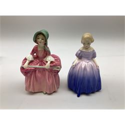 Group of figures, comprising six Royal Doulton examples, Daydreams HN1731, Silks and Ribbons HN2017, Tom Sawyer HN2926, Marie HN1370, Bo-Peep HN1811, and Tinkle Bell HN1677, together with a Dresden type 'lace' example, and a Coalport 'Swiss Cottage', (8)