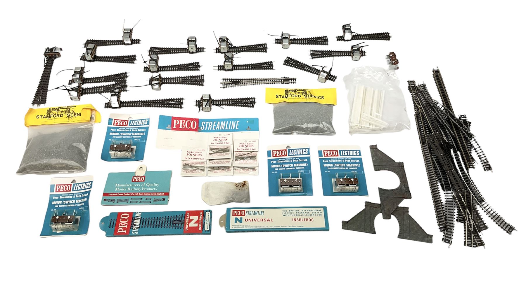Peco 'N' gauge - quantity of track including motorised points, straights, curves etc; and quantity of packeted accessories including Motor(Switch Machines), nickel silver joiners etc