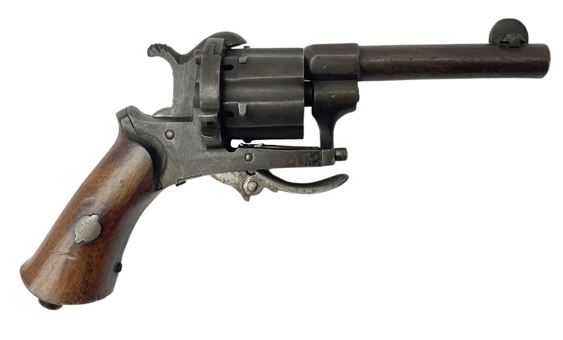 19th century Belgian Flobert 7mm pin-fire revolver with six-shot cylinder, 7cm octagonal to round barrel, folding trigger and walnut stock incorporating ejector rod in butt L18cm overall