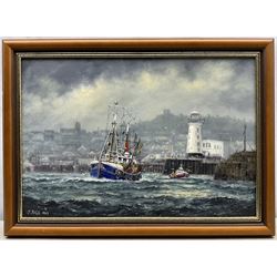 Jack Rigg (British 1927-2023): 'Yorkshire Harbour' - Scarborough, oil on canvas board signed and dated 1989, titled verso 44cm x 64cm