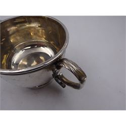1920s silver porringer, of circular form with acanthus leaf capped C scroll handles, engraved with monogram to body, hallmarked S Blanckensee & Son Ltd, Chester 1929, H6.5cm