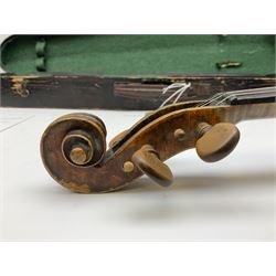 Late 19th century German violin with 36cm two-piece maple back and ribs and spruce top; bears label for 'Thomas Jacklin Violin Maker & Repairer Hull 1879'; 60cm overall; in ebonised wooden coffin case.