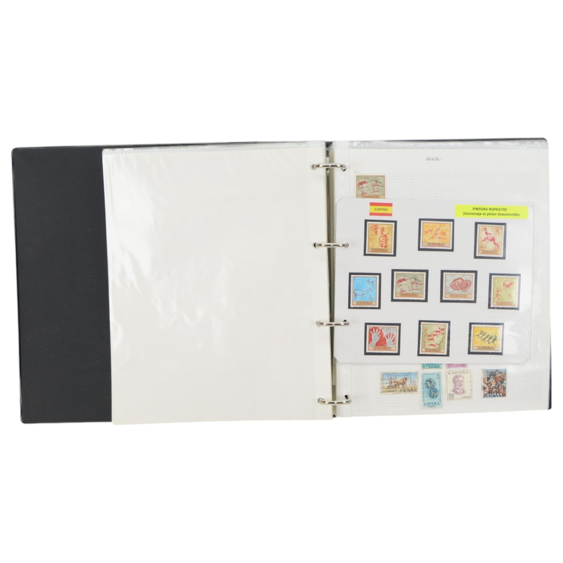 World stamps including Aden, Brunei, Rwanda, Spain, Ireland, Italy, Japan, Hungary, Germany, France, Portugal, Namibia, Netherlands, New Zealand, St Lucia, Malaysia etc, housed in ten ring binder folders