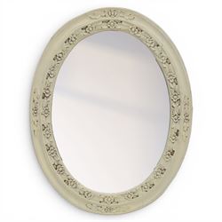 Oval painted pine wall mirror, with carved stepped edge, with mounts for hanging