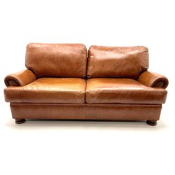 Three seat studded tan leather sofa, scr