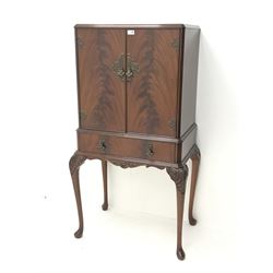 Reproduction figured mahogany cocktail cabinet, two figured doors enclosing mirrored interior with slide and shelf, fitted with single drawer, on acanthus carved cabriole supports, W75cm, H138cm, D49cm