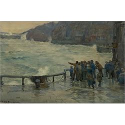 William Kay Blacklock (British 1872-1944): 'Waiting for the Boat' - a crowd gathered outside the Marine Hotel Whitby, watercolour signed, titled verso 35cm x 52cm