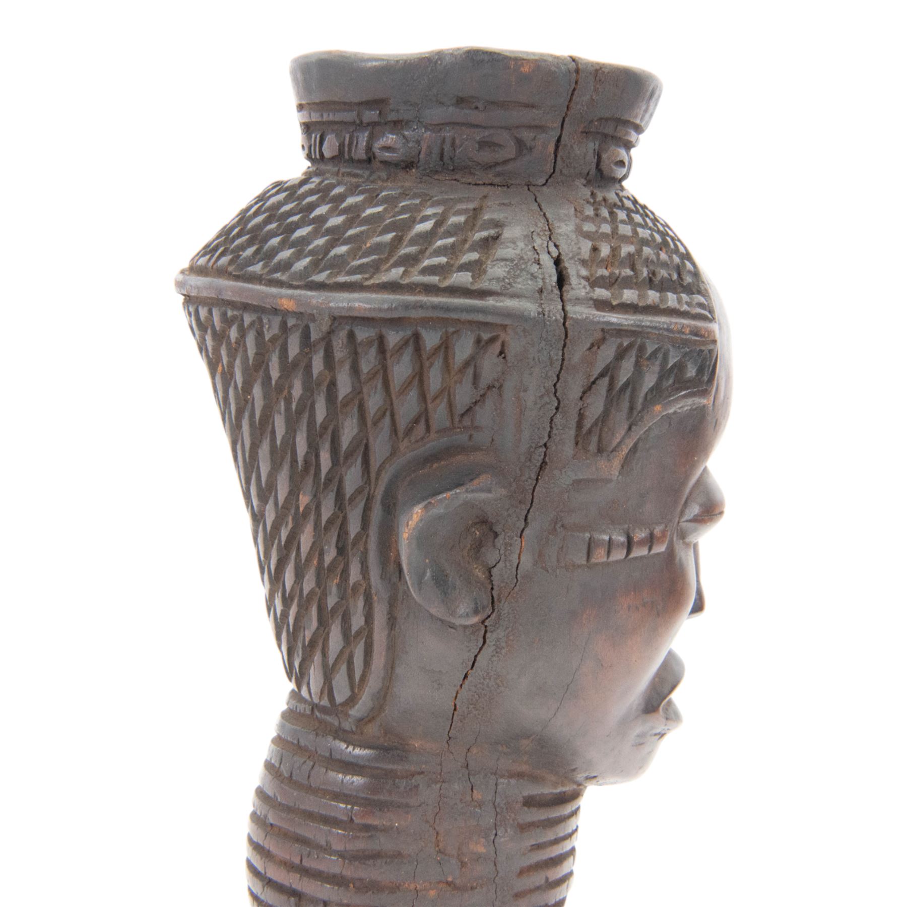 Kuba cup, African carved wood wine cup in the form of a female head, H31cm