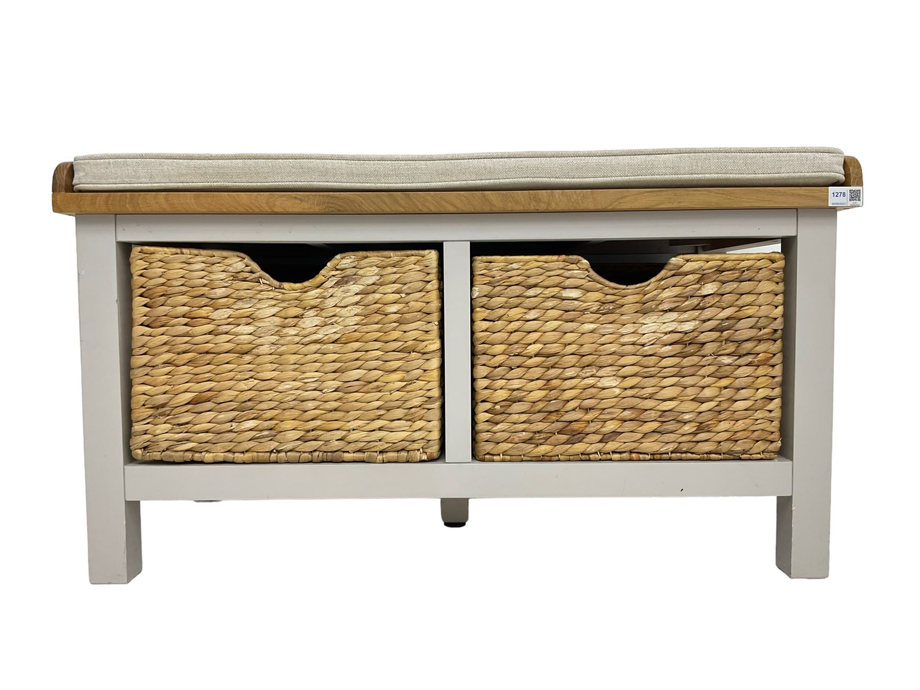 Roseland Farrow - oak and grey finish hallway bench with baskets and squab cushion 
