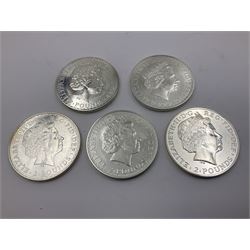 Five Queen Elizabeth II United Kingdom one ounce fine silver Britannia two pound coins dated 2007, 2008, 2009, 2010 and 2011