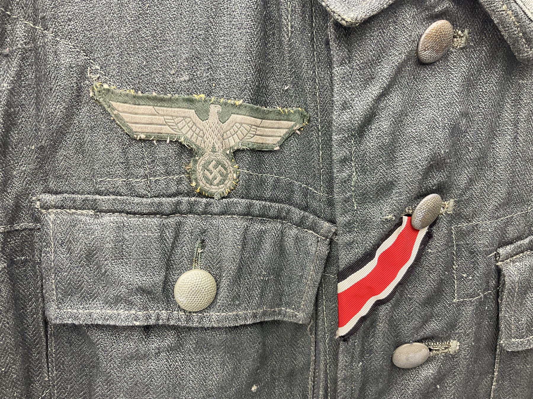 WW2 German Army grey/green herringbone twill four pocket tunic with shoulder tabs for signals regiment, cloth eagle insignia and iron cross ribbon
