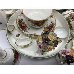 Royal Albert Old Country Roses pattern part tea and dinner service, including coffee pot, miniature teapot and stand, eight dinner plates, cake stand, sauce boat etc 