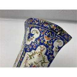 19th century French faience octagonal vase, painted with floral panels, H28cm