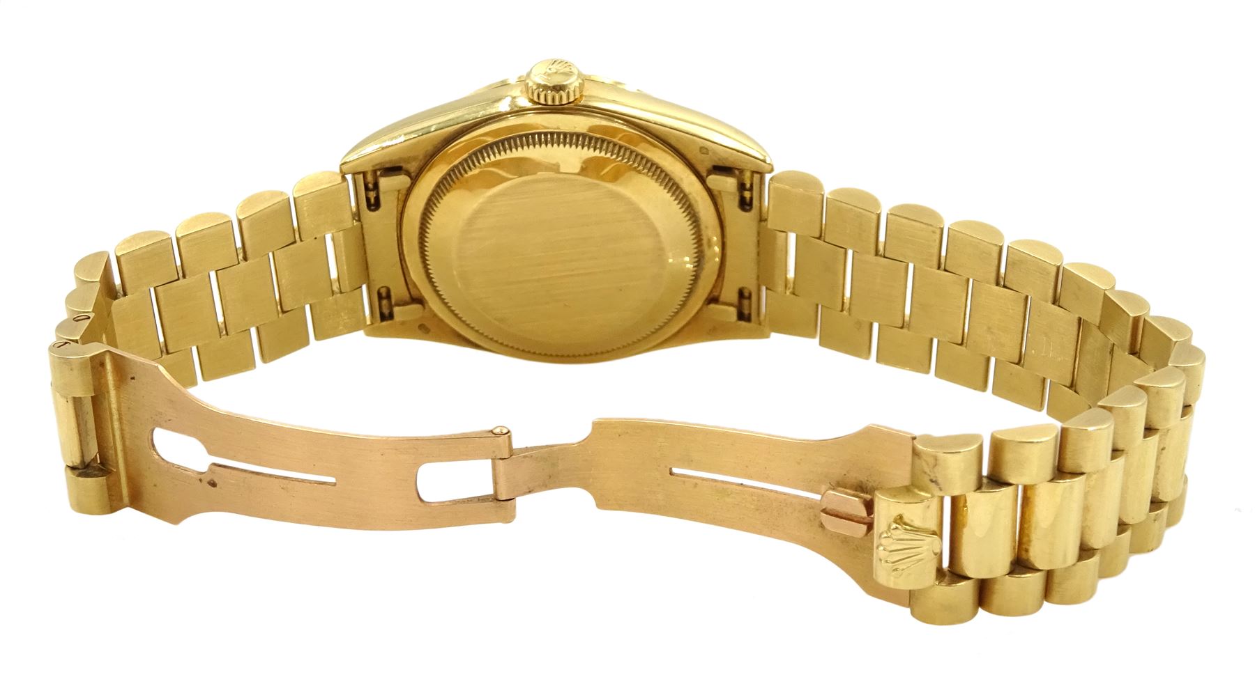 Rolex Oyster Perpetual Day-Date gentleman's 18ct gold wristwatch, circa 1996, Ref. 18238, serial No. T276856, cream pyramid Roman dial, on 18ct gold Presidential bracelet with fold-over clasp