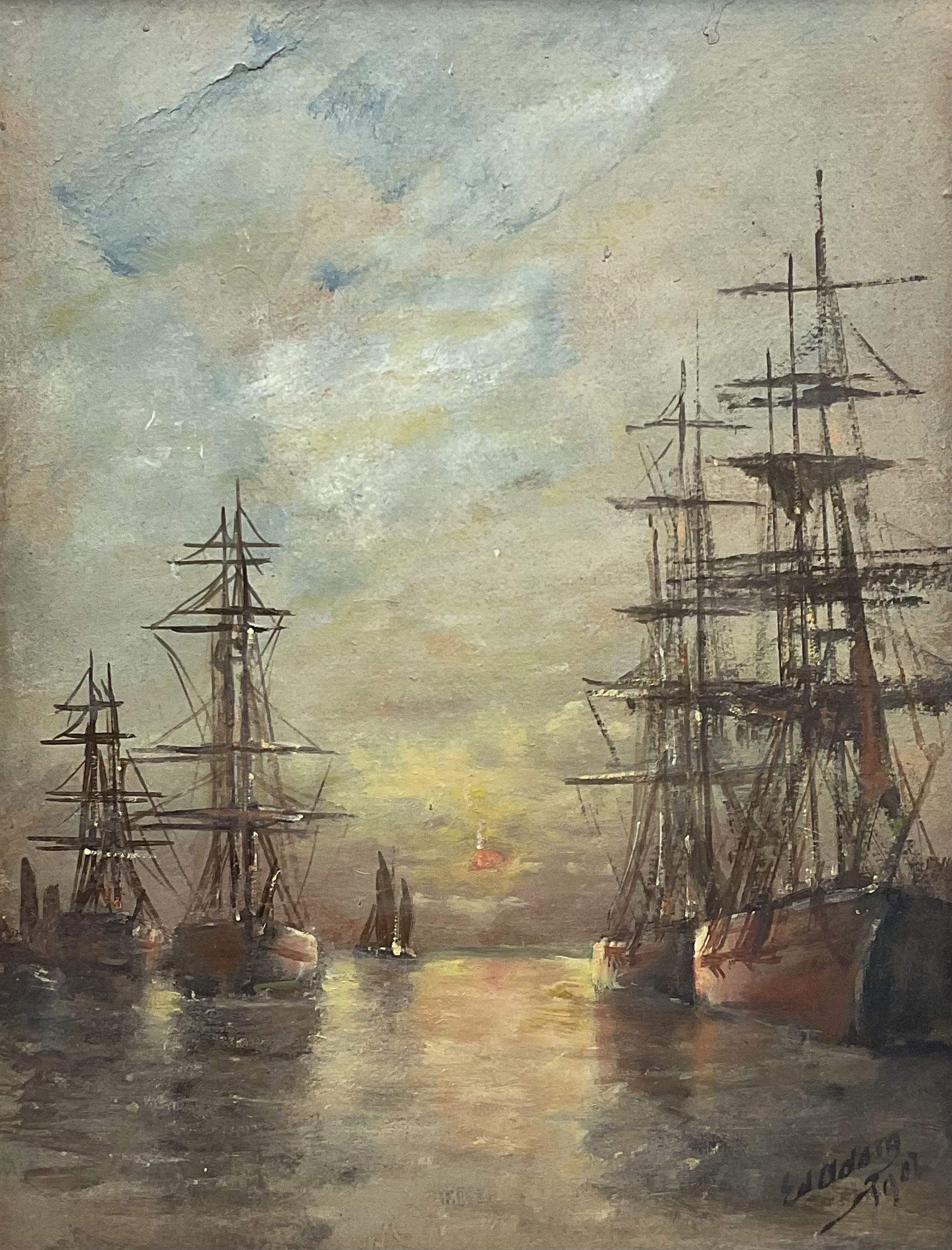 Edouard Adam (French 1847-1929): Masted Ships at Sunset, oil on board signed and dated 1907, 32cm x 25cm 
Provenance: Robin Hood's Bay family ownership for many years