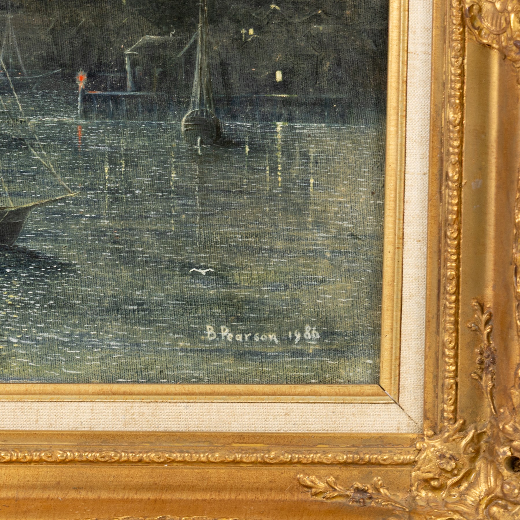 B Pearson (British 20th century): Whitby by Moonlight, oil on canvas signed and dated 1986, 40cm x 50cm
