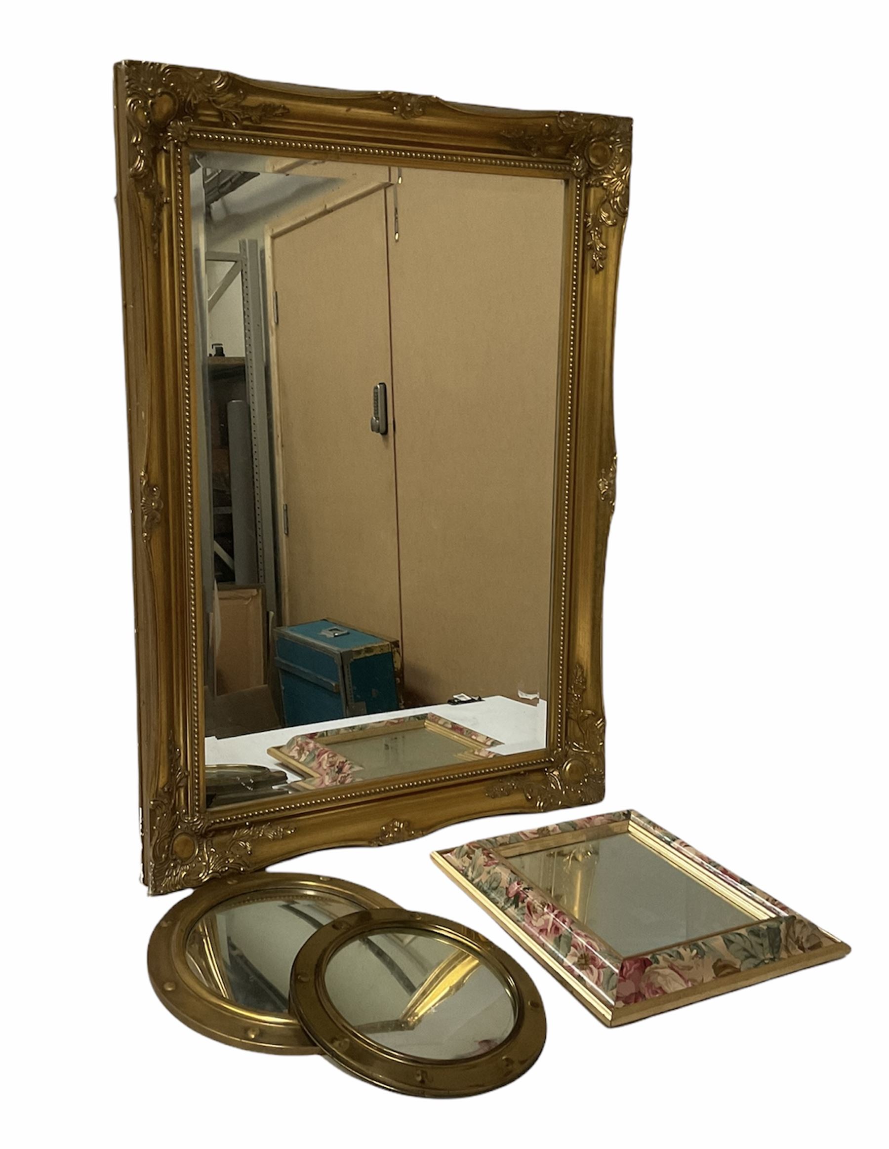 Ornate gilt rectangular wall mirror, two circular convex mirrors and a