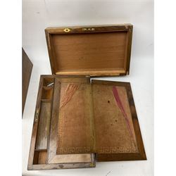 Early 20th century oak canteen box, the hinged lid decorated with marquetry banding and brass shield shaped plaque lifting to reveal red lined interior with lift out tray,  together with a walnut writing slope for restoration, largest L41cm, H44.5cm D33cm