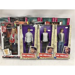 Sixteen Pop Artist collector's dolls comprising seven One Direction - Liam, Louis, Harry, two x Niall and two x Zayn; four Union J - Josh, JJ, Jaymi and George; two The Wanted - Nathan and Tom; Spice Girl Mel B; Justin Bieber; and Cody Simpson; all boxed with factory tie-downs (16)