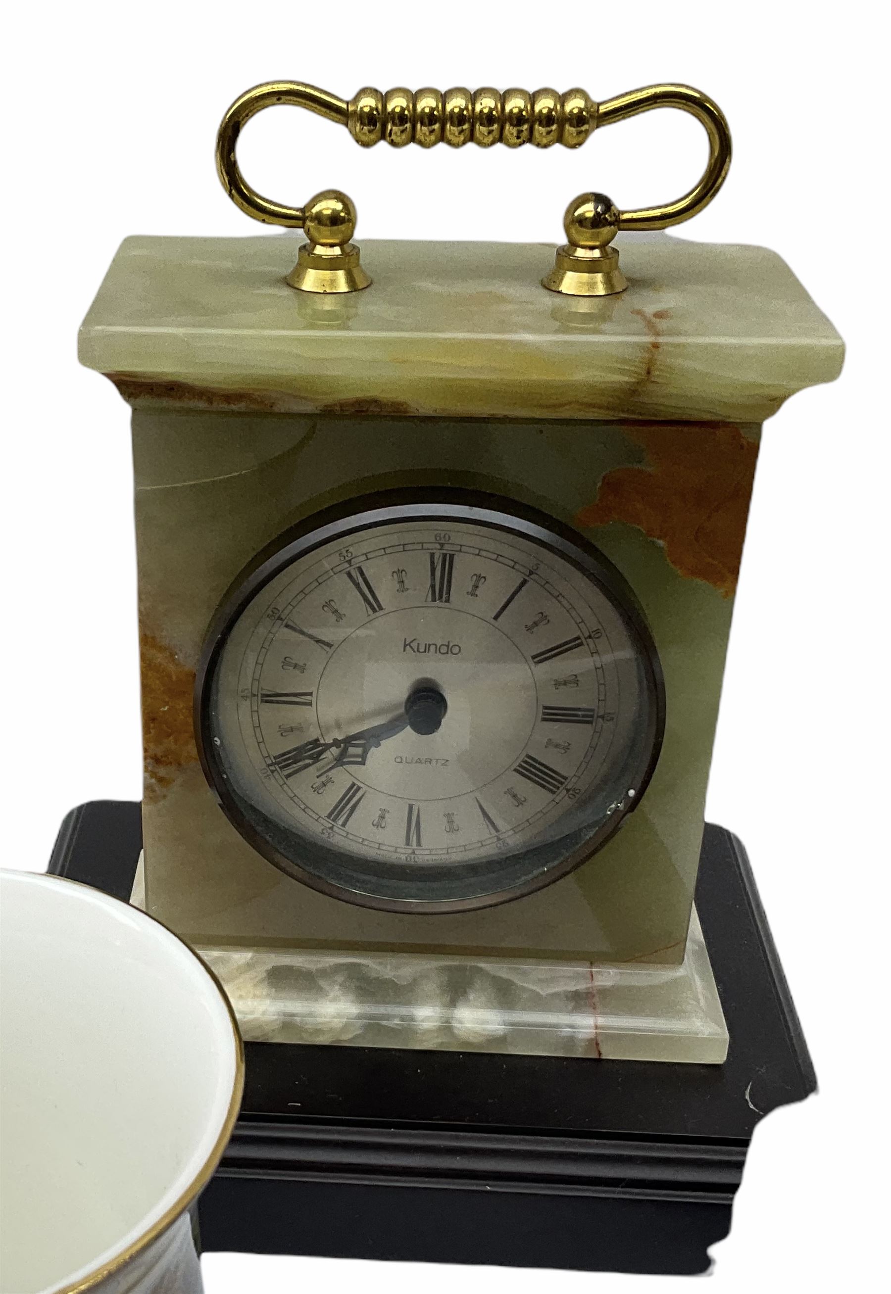 Lichfield glass sculpture, ship in a bottle H31.5cm together with The discovery of America commemorative compass, a quartz mantel clock and a selection of other collectables. 